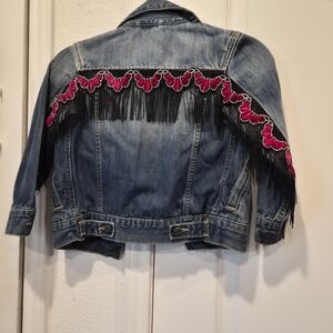 Denim Jacket with Pink and Black Fringe